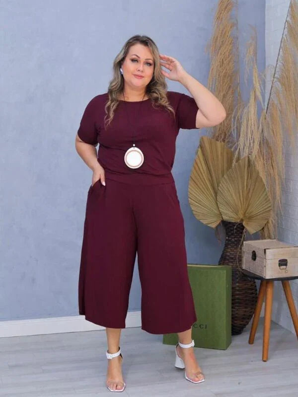 Conjuntos Femininos 2 peças Blusa Blusinha Manga Curta e Calça Pantacourt Plus Size