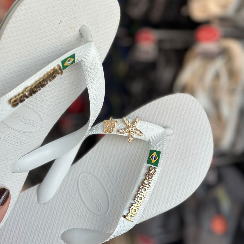 Havaianas Brasil + Placa Logo Dourado + Pin Estrela do Mar e Tartaruga