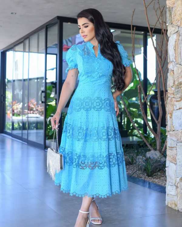 VESTIDO LAISE BORDADO E GUIPIR AZUL