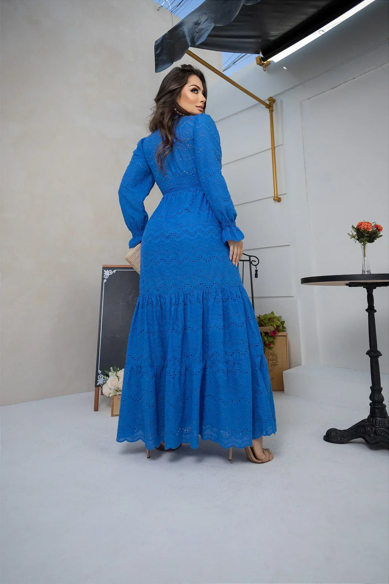 Vestido Pérola Longo de Laise Manga Bufante Azul Royal